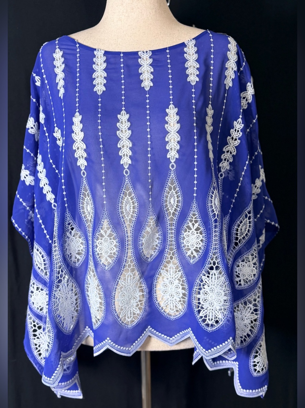 Chico's Royal Blue Cape Poncho Cover-Up White Crochet Embroidery